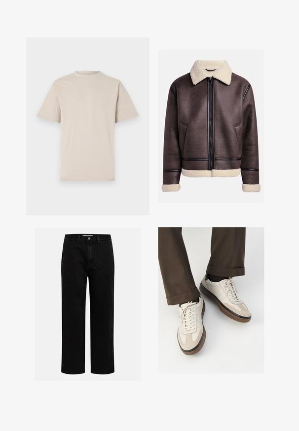 Veste en cuir marron avec un col et des poignets en peau de mouton, dotée d'une fermeture éclair à l'avant et de poches latérales. Surface texturée avec des accents en cuir contrastants.; T-shirt beige à manches courtes, col rond, en tissu coton lisse, avec une coupe décontractée et sans motifs ni embellissements visibles.; Chemise en denim bleu foncé à manches longues, avec col pointu, fermeture à boutons, poche poitrine et coutures orange contrastantes.; Pantalons en denim noir avec une coupe droite, design classique à cinq poches et fermeture à bouton à la taille. Texture lisse et tissu durable.; Baskets beiges avec un devant en suède texturé, côtés en cuir lisse et semelle en caoutchouc brun. Lacets et détails de couture légère inclus.