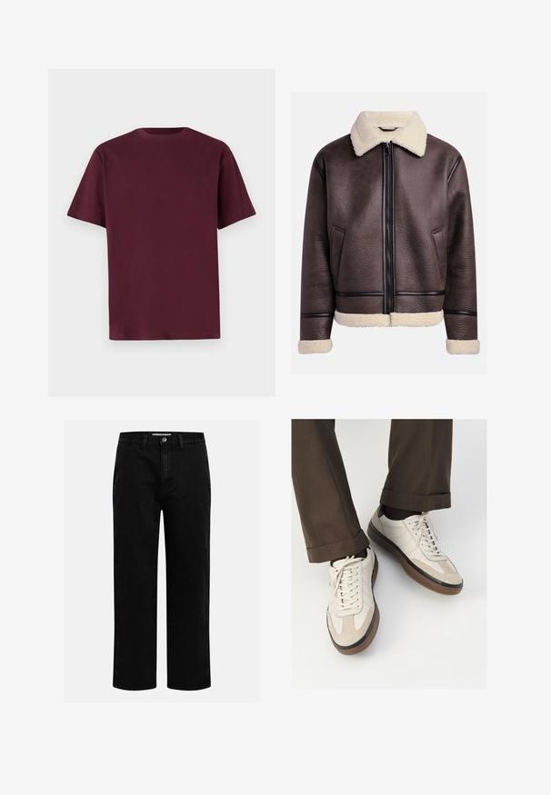 Veste en cuir marron avec un col et des poignets en peau de mouton, dotée d'une fermeture éclair à l'avant et de poches latérales. Surface texturée avec des accents en cuir contrastants.; T-shirt en coton bordeaux à manches courtes, col rond et texture lisse. Design simple sans motifs ni détails supplémentaires.; Pantalons en denim noir avec une coupe droite, design classique à cinq poches et fermeture à bouton à la taille. Texture lisse et tissu durable.; Baskets beiges avec un devant en suède texturé, côtés en cuir lisse et semelle en caoutchouc brun. Lacets et détails de couture légère inclus.
