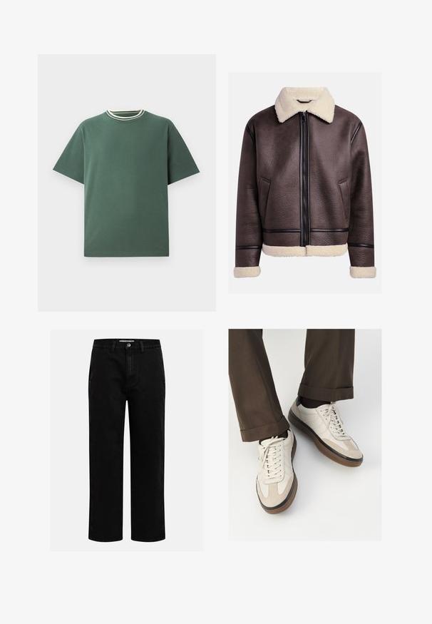 Brūna ādas jaka ar zamšveida apkakli un aprocēm, ar priekšējo rāvējslēdzēju un sānu kabatām. Teksturēta virsma ar kontrastējošiem ādas akcentiem.; Zaļš kokvilnas T-krekls ar īsām piedurknēm un ribotu apaļu kakla izgriezumu, kas rotāts ar baltām un tumši zaļām svītrām. Taisna apakša, minimālistisks dizains.; Tumši zili džinsu garās piedurknes krekls ar norādītu apkakli, pogu priekšpusi, krūšu kabatu un kontrastējošām oranžām šuvēm.; Melni denim šorti ar taisnu kāju griezumu, klasiska piecu kabatu dizaina un pogas aizdari viduklī. Gluda tekstūra un izturīgs audums.; Beidzī lasi ar strukturētu zamšādu priekšpusi, gludiem ādas sāniem un brūnu gumijas zoli. Iekļauti auklas un viegla šuvuma detaļas.