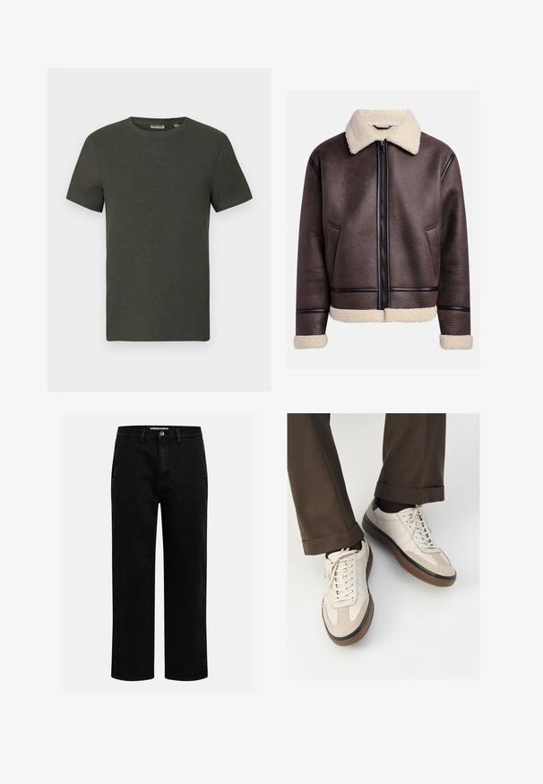 Bézs bőr dzseki, shearling gallérral és mandzsettákkal, elülső cipzárral és oldalsó zsebekkel. Texturált felszín, kontrasztos bőr díszítésekkel.; Sötétzöld, rövid ujjú póló kerek nyakkal, bordás anyagból készült; egyszerű, minimalista dizájnnal rendelkezik, minta nélkül.; Fekete farmernadrág egyenes szabással, klasszikus öt zsebes kialakítással és gombos derékkal. Simább textúra és tartós anyag.; Beige sportcipők, texturált velúr elülső résszel, sima bőr oldalakkal és barna gumitalppal. Fűzők és világos varrási részletek is megtalálhatók.