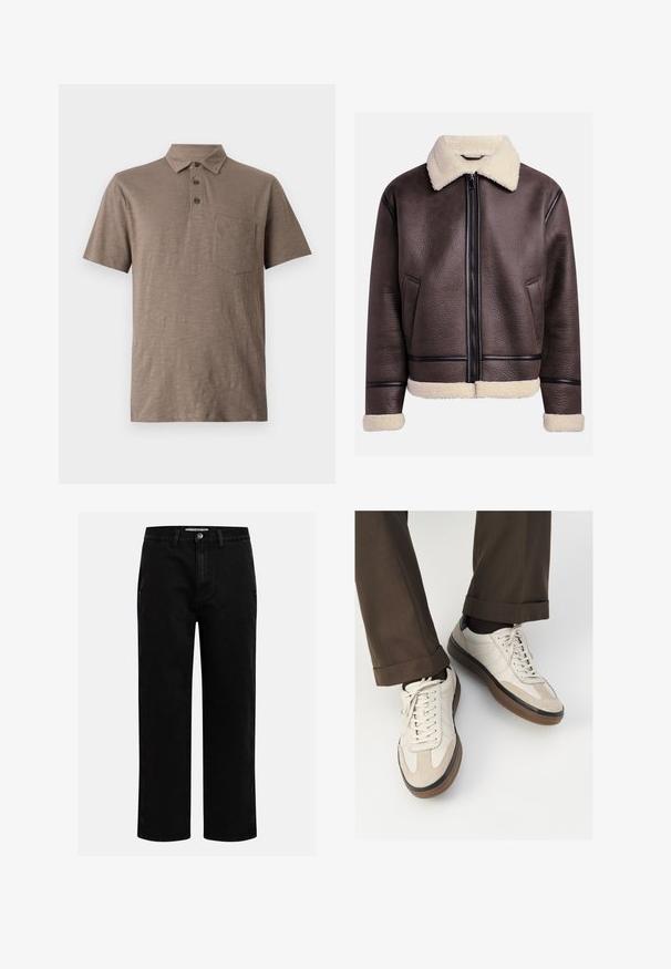 Hnědá kožená bunda s ovčími límcem a manžetami, která má přední zip a boční kapsy. Texturovaný povrch s kontrastními koženými akcenty.; Poloko s krátkým rukávem ve světlé hnědé barvě, vyrobené z měkké tkaniny. Má límec, tři knoflíky a kapsu na hrudi.; Tmavě modrá džínová košile s dlouhým rukávem, s špičatým límečkem, zapínáním na knoflíky, náprsní kapsou a kontrastním oranžovým prošíváním.; Černé džíny s rovnými nohavicemi, klasickým pětipocketovým designem a knoflíkovým zapínáním v pase. Hladká textura a odolná látka.; Béžové tenisky s texturovanou semišovou špičkou, hladkými koženými boky a hnědou gumovou podrážkou. Na šněrování a lehkém prošití je detail.