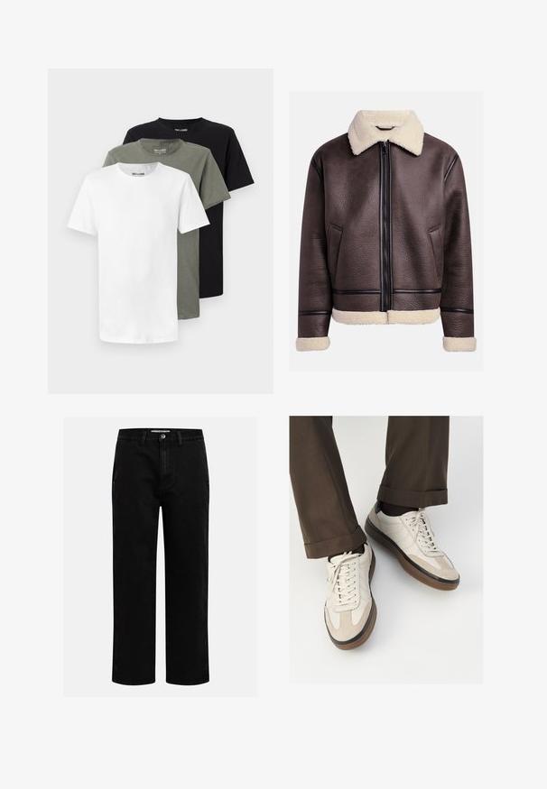 Giacca di pelle marrone con collare e polsini in shearling, dotata di una zip frontale e tasche laterali. Superficie testurizzata con accenti in pelle a contrasto.; Tre t-shirt a girocollo in bianco, verde oliva e nero. Realizzate in morbido cotone, presentano maniche corte e una vestibilità comoda.; Camicia in denim blu scuro a maniche lunghe con colletto a punta, chiusura con bottoni, tasca sul petto e cuciture arancioni a contrasto.; Pantaloni in denim nero con taglio dritto, design classico a cinque tasche e chiusura con bottone in vita. Tessuto liscio e materiale resistente.; Sneakers beige con una parte anteriore in suede testurizzato, lati in pelle liscia e una suola in gomma marrone. Inclusi lacci e dettagli di cucitura leggera.