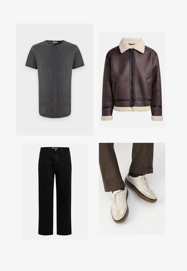 Rjava usnjena jakna s ovratnikom in manšeti iz ovčje kože, z sprednjim zadrgo in stranskimi žepi. Teksturirana površina s kontrastnimi usnjenimi detajli.; Siva kratka majica s kratkimi rokavi in okroglim izrezom, narejena iz mehkega blaga, z rahlo ukrivljenim robom in vidnimi šivi.; Temno modra denim srajca z dolgimi rokavi, ki ima koničast ovratnik, sprednje gumbe, žep na prsih in kontrastne oranžne šive.; Črne denim hlače s ravnim krojem, klasičnim pet-takošnjim dizajnom in gumbom za zapiranje v pasu. Gladka tekstura in trpežna tkanina.; Bež teniske z teksturiranim prednjim delom iz usnja, gladkimi kožnimi stranicami in rjavo gumijasto podplatom. Vključene vezalke in svetla šivana detajla.