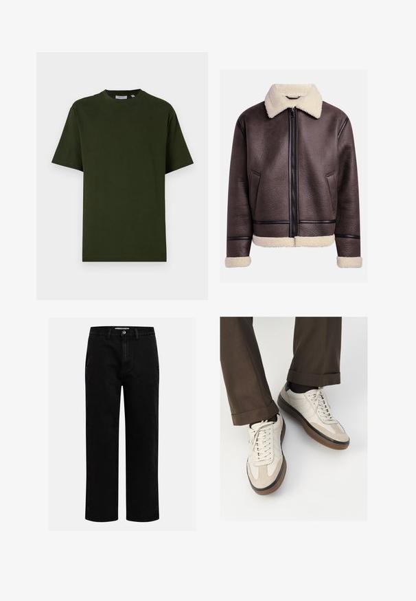 Giacca di pelle marrone con collare e polsini in shearling, dotata di una zip frontale e tasche laterali. Superficie testurizzata con accenti in pelle a contrasto.; Maglietta corta verde scuro in cotone. Collo tondo, vestibilità rilassata e texture liscia senza motivi o accenti visibili.; Pantaloni in denim nero con taglio dritto, design classico a cinque tasche e chiusura con bottone in vita. Tessuto liscio e materiale resistente.; Sneakers beige con una parte anteriore in suede testurizzato, lati in pelle liscia e una suola in gomma marrone. Inclusi lacci e dettagli di cucitura leggera.