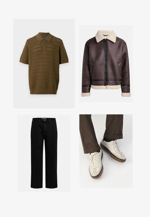 Veste en cuir marron avec un col et des poignets en peau de mouton, dotée d'une fermeture éclair à l'avant et de poches latérales. Surface texturée avec des accents en cuir contrastants.; Polo à manches courtes en vert olive, présentant un design en maille texturée et aérée avec des rayures horizontales et un col et un ourlet côtelés.; Pantalons en denim noir avec une coupe droite, design classique à cinq poches et fermeture à bouton à la taille. Texture lisse et tissu durable.; Baskets beiges avec un devant en suède texturé, côtés en cuir lisse et semelle en caoutchouc brun. Lacets et détails de couture légère inclus.