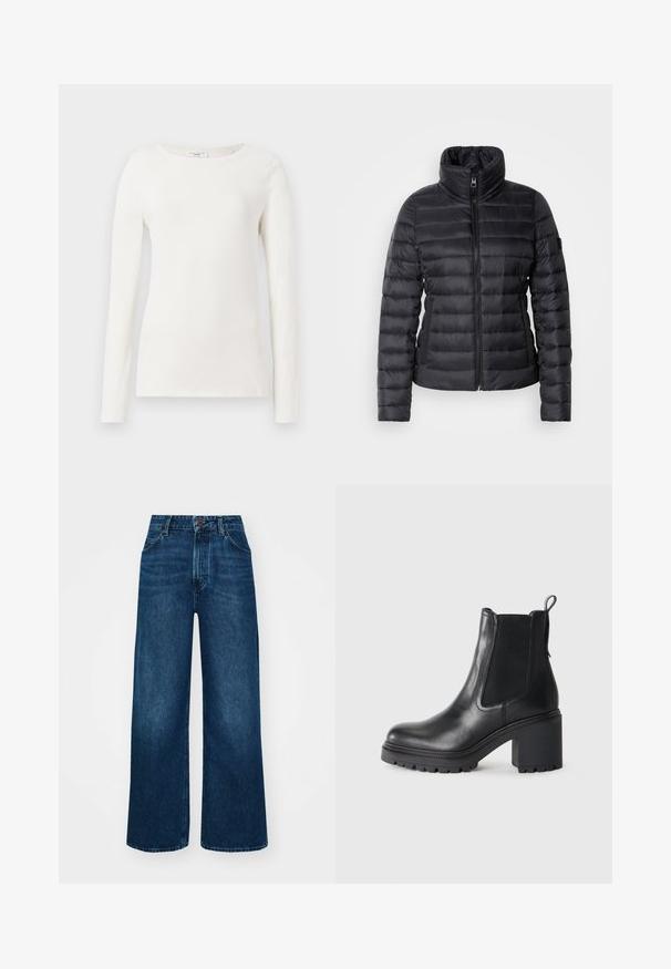 Črna puffer jakna z visokim ovratnikom, zadrgo spredaj, horizontalnim kviltanim dizajnom in gladko teksturo. Ima stranski žep in detajl z logotipom.; Bela bombažna srajca z dolgimi rokavi in okroglim izrezom, gladka tekstura in prilegajoča se silhueta. Brez vidnih vzorcev ali poudarkov.; Hlače z visokim pasom in širokimi nogavicami iz temno modrega denima z gladko teksturo, kontrastnim šivanjem in zasnovo s petimi žepi. Sprednje zapiranje na gumb.; Črne usnjene gležne čevlje z debelim peto, elastičnimi stranskimi paneli in zanka za vpogled zadaj. Texturirana podplat za dodaten oprijem.