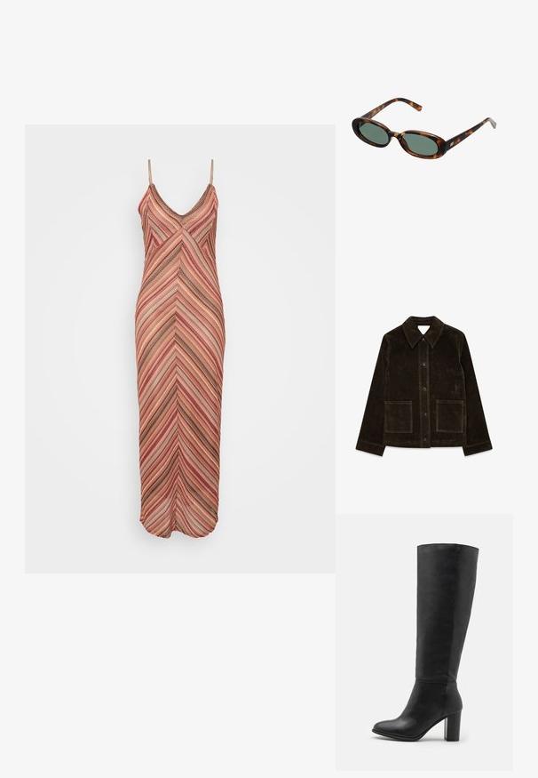 Brūns zamša žakets ar lielu apkakli, priekšējo pogu aizdari un divām kabatām. Atšķiras ar strukturētu virsmu un pielāgotu piegriezumu.; Maksī kleita ar siksnām, kurai ir žakarda raksts rozā, oranžā un brūnā krāsā, izgatavota no viegla, tekstūrēta auduma.; Melni ceļgala zābaki, izgatavoti no gludas ādas, ar masīlu papēdi un noapaļotu purngalu. Minimalistisks dizains bez redzamām detaļām vai rotājumiem.; Bruņurupuča apvalka saulesbrilles ar ovālām rāmēm un zaļiem stikliem. Rāmjiem ir plānas kājas ar metāla akcentu tuvu eņģēm.; Sudraba auskari ar gredzenu formu un saites dizainu, ar gludu apdari un pulētu tekstūru. Kompakts, minimālisma stils, kas piemērots dažādām reizēm.