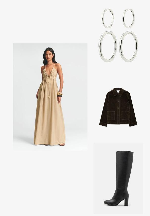 Chaqueta de ante marrón con un gran cuello, cierre frontal de botones y dos bolsillos de parche. Presenta una superficie texturizada y un corte ajustado.; Vestido maxi en beige, con un escote en V profundo, un cuerpo fruncido con cordón y una tela fluida. Textura suave y detalles mínimos.; Botas de cuero negro hasta la rodilla, con un tacón grueso y punta redondeada. Diseño minimalista sin hardware ni decoraciones visibles.; Juego de pendientes de aro plateados, un par grande y otro pequeño. Textura lisa con un diseño ondulado, con cierres seguros.