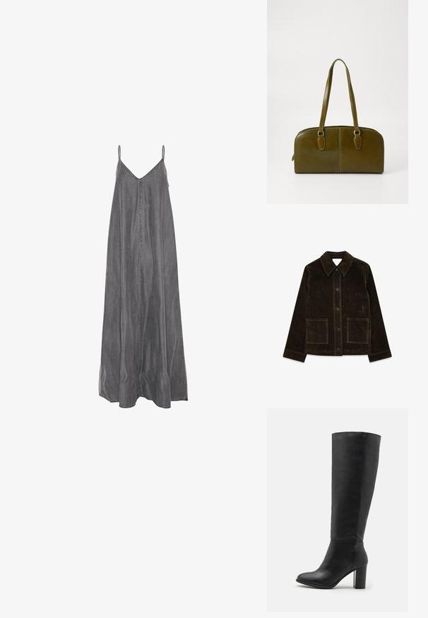 Giacca in suede marrone con un ampio colletto, chiusura frontale a bottoni e due tasche a toppa. Presenta una superficie testurizzata e una vestibilità sartoriale.; Abito maxi in denim grigio con sottili spalline regolabili, scollatura a V e una silhouette ampia e fluida. Presenta dettagli cuciti lungo i bordi.; Stivali neri alti fino al ginocchio in pelle liscia, con tacco spesso e punta arrotondata. Design minimalista senza hardware o decorazioni visibili.; Borsa a mano in pelle verde oliva di forma arrotondata, con due manici e una parte frontale senza cuciture. Presenta una superficie liscia e dettagli di cucitura delicati.