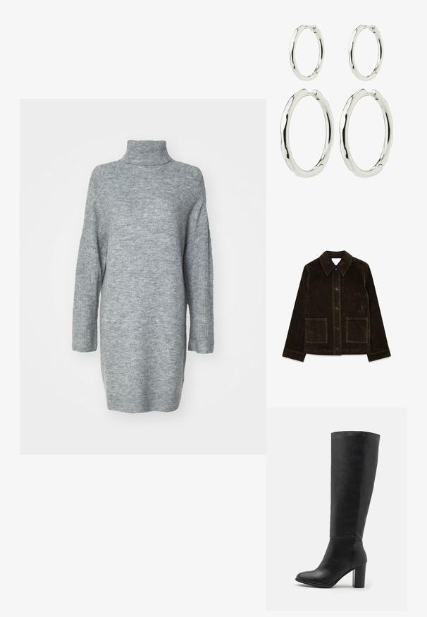 Brūns zamša žakets ar lielu apkakli, priekšējo pogu aizdari un divām kabatām. Atšķiras ar strukturētu virsmu un pielāgotu piegriezumu.; Gai pelēks, garām piedurknēm turtleneck džemperis mīkstā adījumā. Iezīmē sānu šķēlumi un brīvi pieguļoša forma ar ribotiem piedurknēm un apkakli.; Melni ceļgala zābaki, izgatavoti no gludas ādas, ar masīlu papēdi un noapaļotu purngalu. Minimalistisks dizains bez redzamām detaļām vai rotājumiem.; Sudraba stīpas auskari komplekts, viena liela un viena maza pāra. Gluda virsma ar viļņotu dizainu, aprīkoti ar drošiem aizdariem.