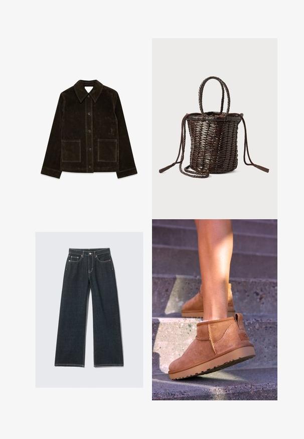 Ruskea mokkajakku, jossa on suuri kaulus, etunappikiinnitys ja kaksi paikkataskua. Valtavassa pinnassa on tekstuuria ja se on muotoiltu istuvaksi.; Nainen, jolla on vaaleanruskeat hiukset, pukeutuneena löysään harmaaseen poolopaitaan ja mustiin housuihin, seisoo yksinkertaista vaaleaa taustaa vasten.; Tummansiniset leveälahkeiset farkut, joissa on nappi- ja vetoketjukiinnitys, viisi taskua ja kontrastiväriset saumat.; Kahdenruskeat mokkanahkaiset nilkkurit, joissa on pehmeä pinta, kirjailtua yksityiskohtaa ja kumipohja. Kengissä on myös kätevä lenkki kantapäässä, joka helpottaa pukemista.; Pyöreä kudottu korikassi tummanruskeana, jossa on letitetyt kahvat, kiristysnauha ja tupsuakkset. Valmistettu joustavasta materiaalista.