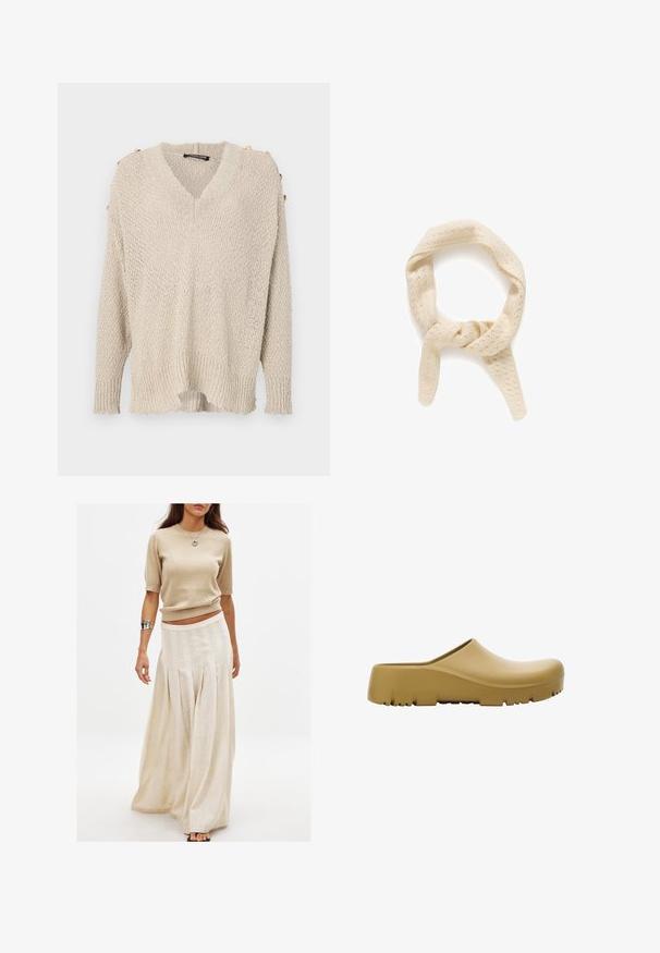 Rjava semiš jakna z velikim ovratnikom, sprednjim gumbom in dvema žepekoma. Ima teksturirano površino in prilagojen kroj.; Bež pleteni pulover z V-izrezom, zasnovo z spuščenim ramenom in rebrastim robom. Ima zlate gumbe na ramenu in ohlapen, strukturiran material.; Bež pletena majica s kratkimi rokavi, v kombinaciji z dolgo, rahlo krilo v smetani barvi, ki ima vertikalne gubice in gladko teksturo.; Rumena gumijasta sandal s gladko površino, odprtim zadnjim delom in debelim, teksturiranim podplatom, ki ima vodoravne utore. Zasnovan za udobje in vzdržljivost.; Pleteni šal kremne barve z teksturirano vzorcem majhnih lukenj. Ima zvit dizajn, ki tvori zanko z dvema visečima koncema.