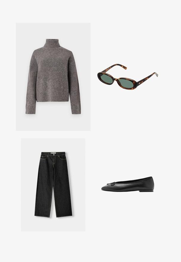 Giacca in suede marrone con un ampio colletto, chiusura frontale a bottoni e due tasche a toppa. Presenta una superficie testurizzata e una vestibilità sartoriale.; Maglione grigio a collo alto realizzato in morbidissimo materiale a maglia, con maniche lunghe e vestibilità comoda, caratterizzato da una texture a coste ai polsini e all'orlo.; Jeans larghi in denim nero con cinque tasche, chiusura con bottone metallico e zip, e cuciture gialle a contrasto lungo le cuciture.; Ballet flats in pelle nera con punta arrotondata, silhouette sottile e un fiocco decorativo sulla parte anteriore. Tacco basso e rettangolare.; Occhiali da sole tartarugati con montatura ovale e lenti verdi. Presentano aste sottili con un accento metallico vicino alle cerniere.