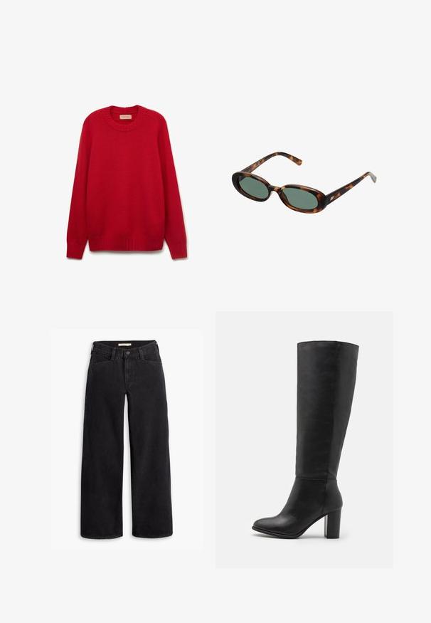 Braune Wildlederjacke mit großem Kragen, vorderem Knopfverschluss und zwei aufgesetzten Taschen. Sie hat eine strukturierte Oberfläche und eine taillierte Passform.; Roter Pullover mit Rundhalsausschnitt, gerippten Bündchen und Saum. Aus weichem Strickmaterial gefertigt, mit gleichmäßiger Textur und einfarbigem Design.; Schwarze weit geschnittene Jeans aus Denim. Mit hoher Taille, Fronttaschen und einem Reißverschluss mit Knopfverschluss. Glatte Textur.; Schwarze kniehohe Stiefel aus glattem Leder, mit einem stabilen Absatz und runder Zehenpartie. Minimalistisches Design ohne sichtbare Hardware oder Dekorationen.; Schildpatt-Sonnenbrille mit ovalen Rahmen und grünen Gläsern. Verfügt über dünne Bügel mit einem metallischen Akzent in der Nähe der Scharniere.; Olivengrünes Lederhandtasche mit einer runden Form, doppelten Griffen und nahtlosem Vorderteil. Verfügt über eine glatte Textur und subtile Nähdetails.