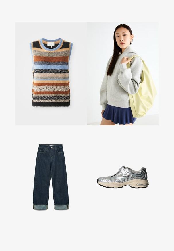 Bruine suede jas met een grote kraag, sluiting met knopen aan de voorkant en twee opgestikte zakken. Heeft een gestructureerd oppervlak en een getailleerde pasvorm.; Gebreide mouwloze trui met meerkleurige horizontale strepen in bruin, blauw en roomkleur; contrasterende textuur en gladde delen.; Donkerblauwe denimbroek met een losse pasvorm, voorzien van opgerolde broekspijpen, vijf zakken en contrasterende stiksels.; Zilveren sportschoen met een bovenkant van mesh, versterkte neus en gevoerde zool. Beschikt over een klittenbandsluiting en een zwarte rubberen loopzool.; Grijze oversized hoodie met een buideltas, gecombineerd met een marineblauwe vlaggenrok. Accessoire: grote lichtgele rugzak, gladde textuur.