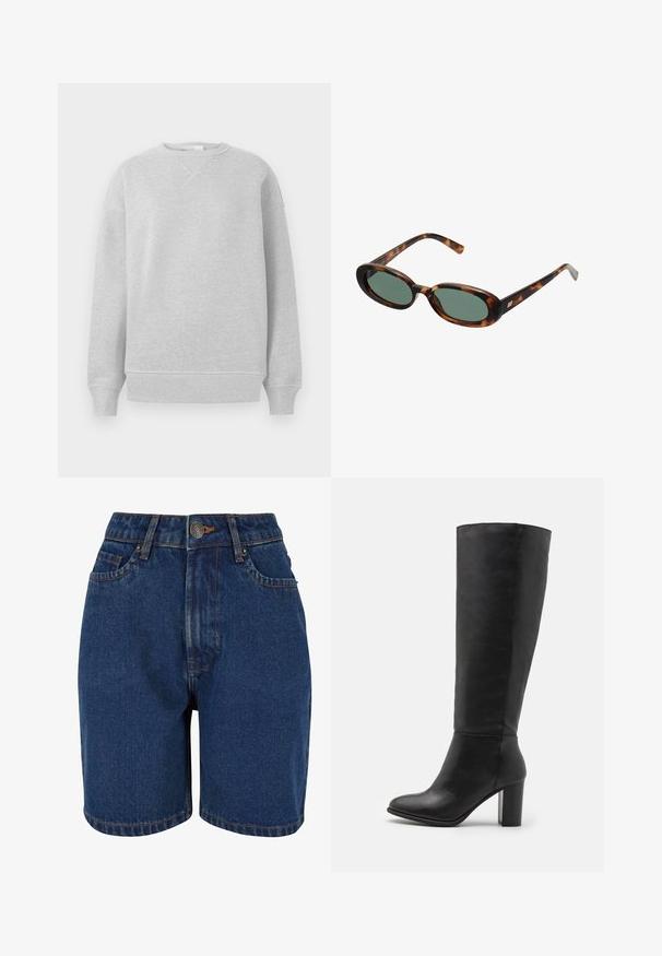 Brown suede jacket with a large collar, front button closure, and two patch pockets. Features a textured surface and tailored fit.; Light gray sweatshirt featuring a crew neckline, ribbed cuffs, and hem, made from a soft fabric with a textured finish and loose fit.; Denim shorts featuring a dark blue color, a high waist, five-pocket design, and contrasting orange stitching. Fabric appears textured.; Black knee-high boots made of smooth leather, featuring a chunky heel and rounded toe. Minimalist design with no visible hardware or decorations.; Tortoiseshell sunglasses with oval frames and green lenses. Features thin arms with a metallic accent near the hinges.; Olive green leather handbag with a rounded shape, dual handles, and seamless front. Features a smooth texture and subtle stitching details.