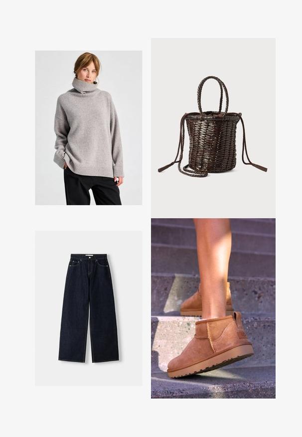 Braune Wildlederjacke mit großem Kragen, vorderem Knopfverschluss und zwei aufgesetzten Taschen. Sie hat eine strukturierte Oberfläche und eine taillierte Passform.; Frau mit hellbraunen Haaren, die einen lockeren grauen Rollkragenpullover und schwarze Hose trägt, steht vor einem schlichten hellen Hintergrund.; Dunkelblaue, weite Jeans mit hoher Taille, fünf Taschen, Kontrastnähten und silbernem Metallzubehör. Glatte Textur und saubere Verarbeitung.; Beige Wildleder-Ankelstiefel mit weicher Textur, gesteppten Details und einer Gummisohle, ausgestattet mit einer Schlaufe an der Ferse für einfaches An- und Ausziehen.; Runder geflochtener Korb in Dunkelbraun, mit geflochtenen Trägern, einem Kordelzugverschluss und Troddelakzenten. Hergestellt aus flexiblem Material.