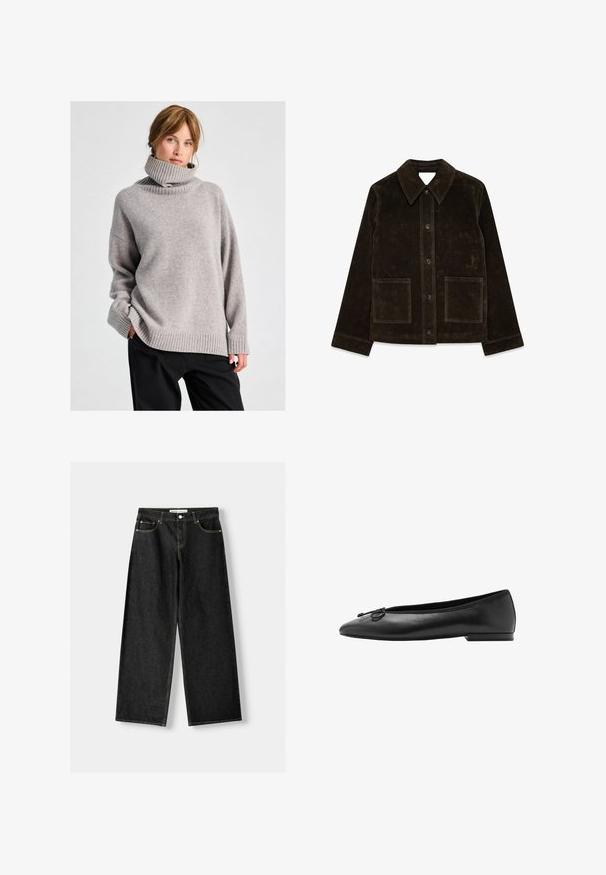 Brun mockaläderjacka med stor krage, framknäppning och två påsydda fickor. Har en texturerad yta och en skräddarsydd passform.; Kvinna med ljusbrunt hår, iklädd en lös grå polotröja och svarta byxor, står mot en enfärgad ljus bakgrund.; Svart denim byxor med vida ben som har fem fickor, metallknapp och dragkedja, samt kontrasterande gul sömnad längs sömmarna.; Svarta läderballetskor med rund tå, smal silhuett och en dekorativ rosett framtill. Låg, rektangulär klack.