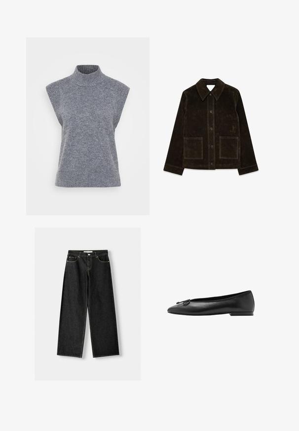 Brun mockaläderjacka med stor krage, framknäppning och två påsydda fickor. Har en texturerad yta och en skräddarsydd passform.; Grå ärmlös polokrage tröja i ribbat stickat material, med en figurnära silhuett och en mjuk textur.; Svart denim byxor med vida ben som har fem fickor, metallknapp och dragkedja, samt kontrasterande gul sömnad längs sömmarna.; Svarta läderballetskor med rund tå, smal silhuett och en dekorativ rosett framtill. Låg, rektangulär klack.