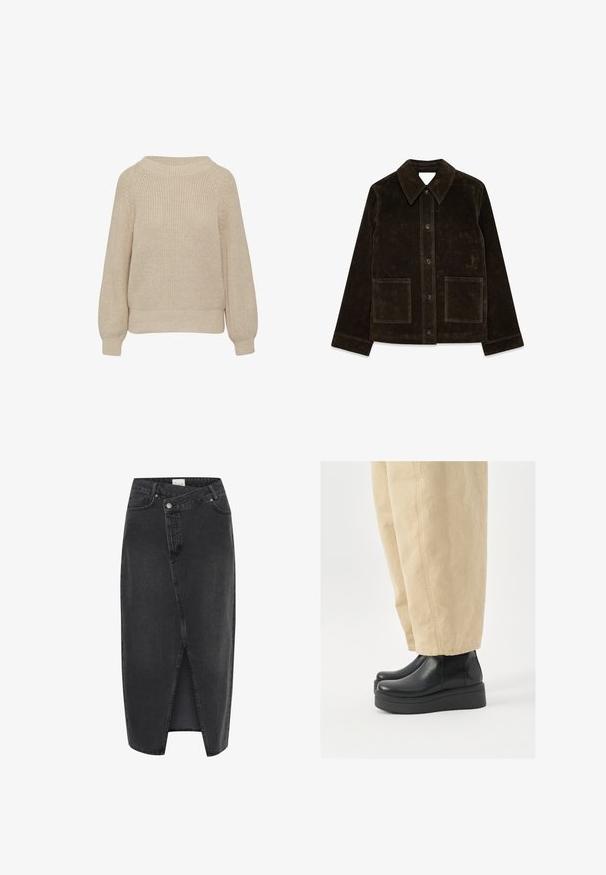 Brązowa kurtka z zamszu z dużym kołnierzem, zapięciem na guziki z przodu i dwiema kieszeniami naszytymi. Posiada teksturowaną powierzchnię i dopasowany krój.; Beżowy sweter z dzianiny, z okrągłym dekoltem, długimi rękawami i ściągaczami. Posiada teksturowany wzór i luźny krój.; Czarna spódnica midi z denimu z przednim rozcięciem, o strukturalnym kroju i klasycznym pięciopocketowym designie. Posiada zapięcie na guzik i zamek błyskawiczny.; Czarne skórzane botki za kostkę z zaokrąglonym noskiem i platformą. Połączone z beżowymi spodniami o szerokich nogawkach, z widocznymi szczegółami szycia.