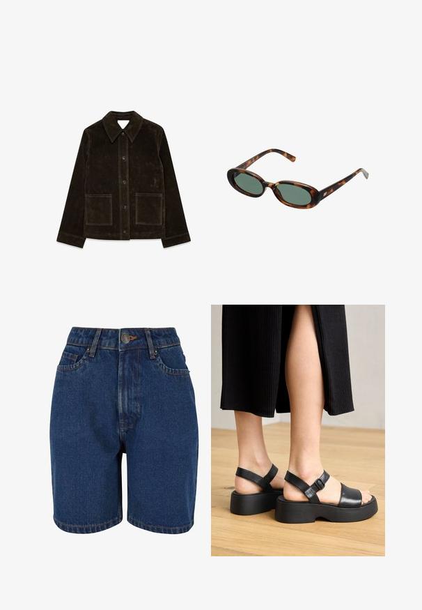Brązowa kurtka z zamszu z dużym kołnierzem, zapięciem na guziki z przodu i dwiema kieszeniami naszytymi. Posiada teksturowaną powierzchnię i dopasowany krój.; Czarna i biała bluzka w kratę z marszczonym przodem, krótkimi bufkami i falbaną na dole. Wykonana z lekkiego, teksturowanego materiału.; Szorty dżinsowe w ciemnoniebieskim kolorze, z wysokim stanem, pięcioma kieszeniami i kontrastującym pomarańczowym przeszyciem. Materiał wydaje się teksturowany.; Czarne skórzane sandały na platformie z regulowanymi paskami wokół kostki i szerokimi paskami z przodu, z teksturowaną podeszwą i minimalistycznym wzornictwem.; Okulary przeciwsłoneczne w kolorze tortoise z owalnymi oprawkami i zielonymi soczewkami. Posiadają cienkie zauszniki z metalowym akcentem przy zawiasach.; Oliwkowa skórzana torebka w zaokrąglonym kształcie, z podwójnymi uchwytami i gładkim przodem. Posiada gładką teksturę i subtelne detale w postaci szwów.