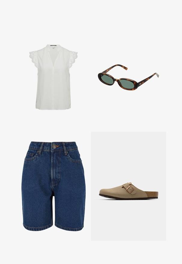 Giacca in suede marrone con un ampio colletto, chiusura frontale a bottoni e due tasche a toppa. Presenta una superficie testurizzata e una vestibilità sartoriale.; Blusa bianca con scollo a V profondo, maniche corte caratterizzate da un elaborato bordo in pizzo, e una vestibilità rilassata. Tessuto dalla consistenza liscia.; Pantaloni corti in denim di colore blu scuro, vita alta, design a cinque tasche e cuciture arancioni a contrasto. Il tessuto sembra strutturato.; Zoccoli beige con punta arrotondata, accentati da una fibbia regolabile e con tappetino in sughero. Superficie texturizzata con suola in gomma nera per una migliore aderenza.; Occhiali da sole tartarugati con montatura ovale e lenti verdi. Presentano aste sottili con un accento metallico vicino alle cerniere.