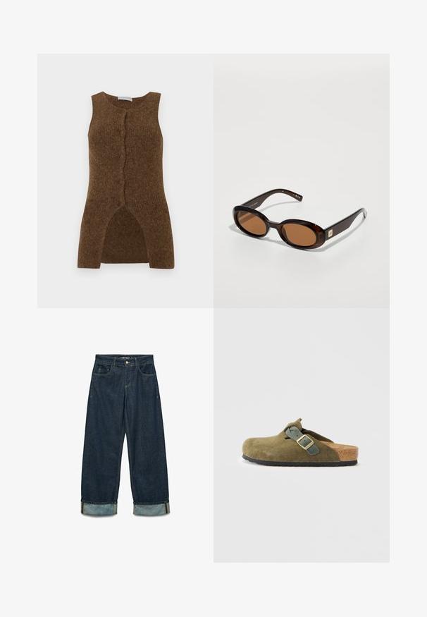 Ruskea mokkajakku, jossa on suuri kaulus, etunappikiinnitys ja kaksi paikkataskua. Valtavassa pinnassa on tekstuuria ja se on muotoiltu istuvaksi.; Ruskea neulottu ilmanhihaista liiviä, jossa on edessä napitus, halkiot ja pehmeä textura, suunniteltu kerroksittain käytettäväksi.; Tummansinisiä farkkuhousuja, joissa on väljä leikkaus, käännetyt lahkeet, viisi taskua ja erottuvat ompelusaumat.; Olivi vihreät mokkasiinit, joissa on korkkipohja. Niissä on solkiremmi ja pyöristetty kärki sekä teksturoitu kumipohja.; Ruskeahäntäiset aurinkolasit ovaaleilla linsseillä, joissa on ohut kehys ja pieni metallinen koristus sivulla. Rakenteeltaan karhea ja kiillotettu pinta.; Olivi vihreä nahkainen käsilaukku pyöreällä muotoilulla, joissa on kaksinkertaiset kahvat ja saumaton etuosa. Ominaisuuksiin kuuluu sileä pinta ja hillityt tikkaustiedot.