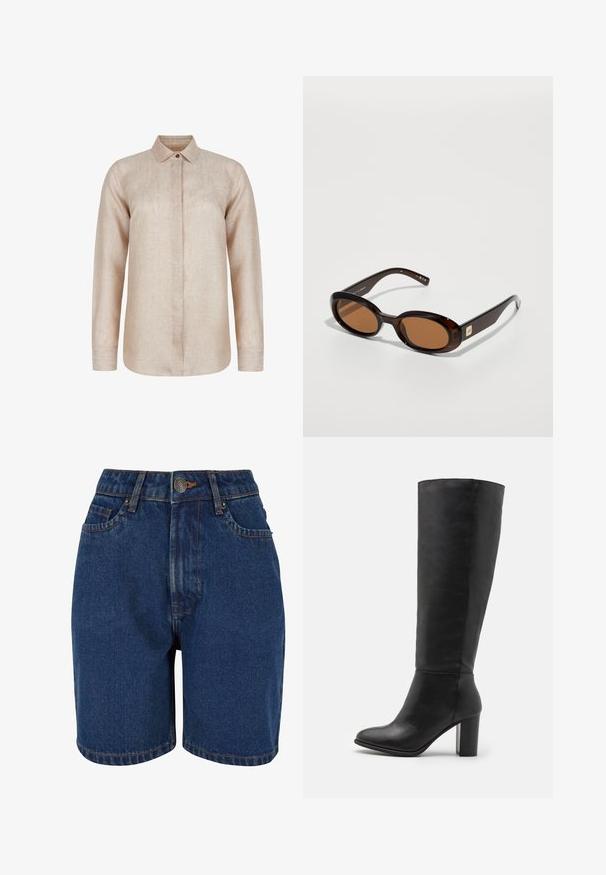 Brun ruskindsjakke med stor krave, frontlukning med knapper og to påsyede lommer. Har en tekstureret overflade og en skræddersyet pasform.; Beige linned skjorte med lange ærmer, spids krave, knaplukning foran og en let buet kant. Har en struktureret stoffinish.; Denim shorts med en mørkeblå farve, høj talje, fem-lomme design og kontrasterende orange syninger. Stof ser tekstureret ud.; Sorte knæhøje støvler lavet af glat læder, med en kraftig hæl og rund tå. Minimalistisk design uden synligt hardware eller dekorationer.; Brune skildpadde-solbriller med ovale linser, der har en tynd stel og en lille metalaccent på siden. Struktureret og poleret overflade.; Oliven grøn læder håndtaske med rund form, to håndtag og sømløs front. Har en glat tekstur og diskrete syninger.; Sølvøreringe i to størrelser; tekstureret design med en bølget overflade. Små hoops ovenfor større, begge med hængsel-lås.