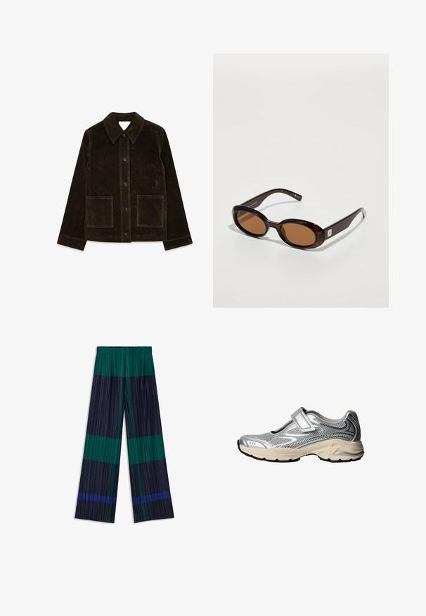 Giacca in suede marrone con un ampio colletto, chiusura frontale a bottoni e due tasche a toppa. Presenta una superficie testurizzata e una vestibilità sartoriale.; Top bianco a maniche lunghe realizzato in tessuto morbido e liscio. Presenta un collo a giro e una vestibilità slim con dettagli di cucitura minimi.; Pantaloni a gamba larga con pieghe verticali e un design a blocchi di colore con strisce verdi, blu navy e blu. Vita elasticizzata per il massimo comfort.; Scarpa sportiva argento con tomaia in rete, punta rinforzata e suola ammortizzata. Presenta una strap in Velcro e suola in gomma nera.; Occhiali da sole tartarugati marroni con lenti ovali, caratterizzati da una montatura sottile e un piccolo accento metallico sul lato. Finitura texturizzata e lucidata.; Borsa a mano in pelle verde oliva di forma arrotondata, con due manici e una parte frontale senza cuciture. Presenta una superficie liscia e dettagli di cucitura delicati.