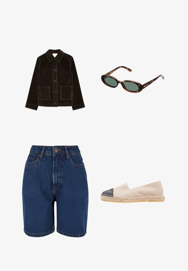 Brun ruskindsjakke med stor krave, frontlukning med knapper og to påsyede lommer. Har en tekstureret overflade og en skræddersyet pasform.; Stof med sorte prikker på en lys beige baggrund. Designet har jævnt fordelt, solide cirkler på en glat tekstur.; Denim shorts med en mørkeblå farve, høj talje, fem-lomme design og kontrasterende orange syninger. Stof ser tekstureret ud.; Beige ruskind espadrille med en sort læder cap toe, flettet jute sål og et enkelt slip-on design. Glat tekstur og let vægt.; Skildpaddemønstrede solbriller med ovale stel og grønne linser. Har tynde arme med en metallisk detalje nær hængslerne.; Oliven grøn læder håndtaske med rund form, to håndtag og sømløs front. Har en glat tekstur og diskrete syninger.; Sølvøreringe i to størrelser; tekstureret design med en bølget overflade. Små hoops ovenfor større, begge med hængsel-lås.