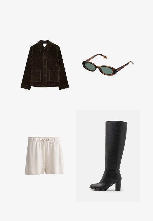 Braune Wildlederjacke mit großem Kragen, vorderem Knopfverschluss und zwei aufgesetzten Taschen. Sie hat eine strukturierte Oberfläche und eine taillierte Passform.; Stoff mit schwarzen Gänsefüßchen auf einem hellbeigen Hintergrund. Das Design zeigt gleichmäßig verteilte, solide Kreise auf einer glatten Textur.; Cremfarbene Shorts aus weichem Material, mit einem elastischen Bund und Kordelzug sowie einem schlichten Saumdesign.; Schwarze kniehohe Stiefel aus glattem Leder, mit einem stabilen Absatz und runder Zehenpartie. Minimalistisches Design ohne sichtbare Hardware oder Dekorationen.; Schildpatt-Sonnenbrille mit ovalen Rahmen und grünen Gläsern. Verfügt über dünne Bügel mit einem metallischen Akzent in der Nähe der Scharniere.; Olivengrünes Lederhandtasche mit einer runden Form, doppelten Griffen und nahtlosem Vorderteil. Verfügt über eine glatte Textur und subtile Nähdetails.; Silberne Creolen in zwei Größen; strukturiertes Design mit wellenförmiger Oberfläche. Kleine Creolen über größeren, beide mit einem klappbaren Verschluss.