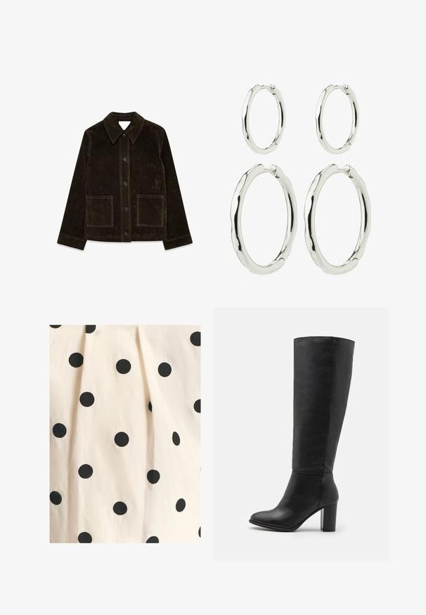 Hnedá semišová bunda s veľkým golierom, predným zapínaním na gombíky a dvomi náprsné vreckami. Má textúrovaný povrch a prispôsobený strih.; Tkanina s čiernymi bodkami na svetlo béžovom pozadí. Dizajn obsahuje rovnomerne rozložené, plné kruhy na hladkom povrchu.; Bavlnená tkanina má krémové pozadie s rovnomerne rozmiestnenými čiernymi bodkami. Štruktúra vyzerá hladko s miernym drapovaním.; Čierne členkové čižmy vyrobené z hladkej kože, s robustným podpätkom a zaoblenou špičkou. Minimalistický dizajn bez viditeľného kovania alebo ozdôb.; Súprava strieborných náušníc v tvare kruhu, jeden pár veľký a jeden malý. Hladký povrch s vlnitým dizajnom, vybavené bezpečnými zapínaniami.