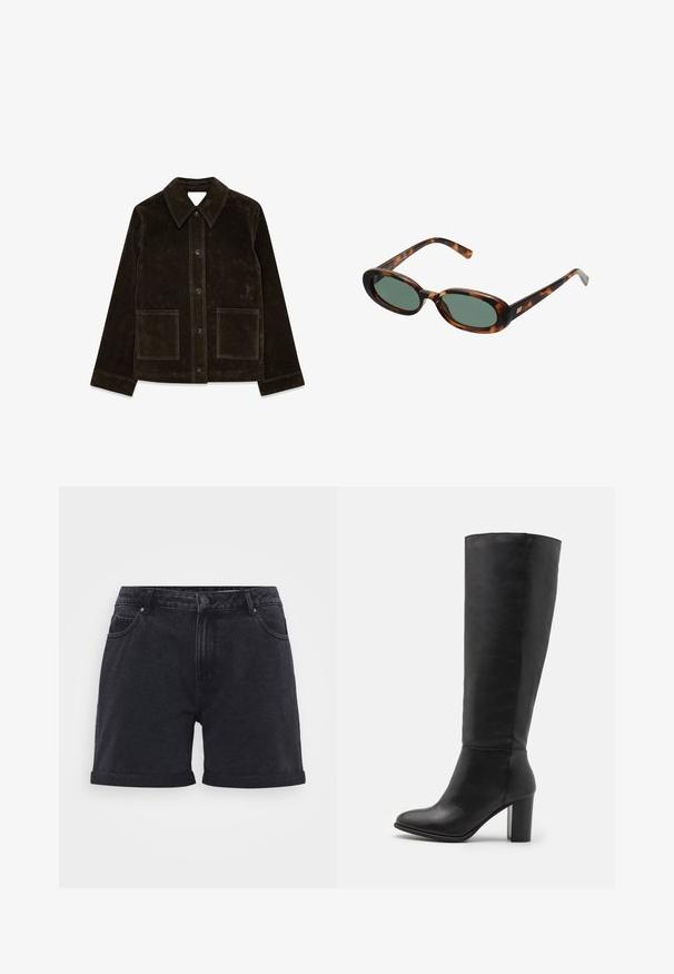 Brown suede jacket with a large collar, front button closure, and two patch pockets. Features a textured surface and tailored fit.; Fabric with black polka dots on a light beige background. The design features evenly spaced, solid circles on a smooth texture.; Black denim shorts with a classic design, featuring folded hems, belt loops, and front pockets. Smooth texture with subtle stitching details.; Black knee-high boots made of smooth leather, featuring a chunky heel and rounded toe. Minimalist design with no visible hardware or decorations.; Tortoiseshell sunglasses with oval frames and green lenses. Features thin arms with a metallic accent near the hinges.; Olive green leather handbag with a rounded shape, dual handles, and seamless front. Features a smooth texture and subtle stitching details.; Silver hoop earrings in two sizes; textured design with a wavy surface. Small hoops above larger ones, both featuring a hinged clasp.