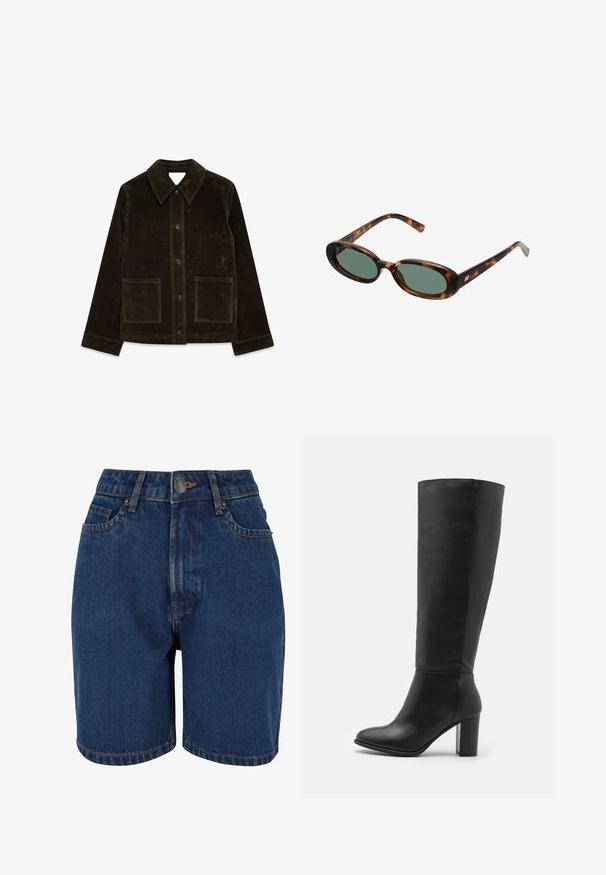 Rjava semiš jakna z velikim ovratnikom, sprednjim gumbom in dvema žepekoma. Ima teksturirano površino in prilagojen kroj.; Tkanina s črnimi pikami na svetlo bež ozadju. Oblikovanje vsebuje enakomerno razporejene, trdne kroge na gladki teksturi.; Denimske kratke hlače v temno modri barvi, z visokim pasom, petimi žepi in kontrastnim oranžnim šivom. Tkanina se zdi teksturirana.; Črne škornje do kolen iz gladke usnje, z debelim peto in zaobljenim nosom. Minimalističen dizajn brez vidnih dodatkov ali okraskov.; Žirafne sončna očala z ovalnimi okvirji in zelenimi lečami. Imajo tanke ročice z metalnim poudarkom blizu tečajev.; Olive zelena usnjena torba v zaokroženi obliki, z dvojnimi ročaji in brezšivnim sprednjim delom. Ima gladko teksturo in subtilne šive.