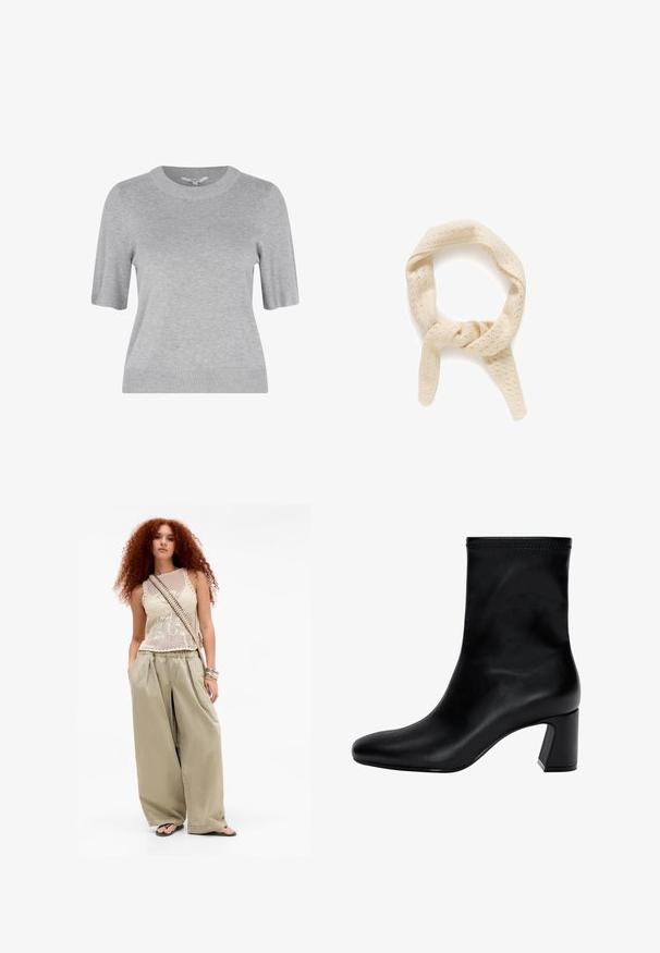 Rjava semiš jakna z velikim ovratnikom, sprednjim gumbom in dvema žepekoma. Ima teksturirano površino in prilagojen kroj.; Sivkasta pletena majica s kratkimi rokavi in okroglo izrezom ter rebrastimi manšetami. Tkanina ima gladko teksturo in preprost, čist dizajn.; Mlada ženska z dolgimi kodrastimi rdečimi lasmi, oblečena v bež brezrokavnik, široke bež hlače, natikače, torbico čez ramo in zapestnice.; Črne gležnjarje iz gladke usnjene obutve. Imajo kvadratni nos, elastičen vrh in široko peto za stabilnost. Minimalističen dizajn.; Pleteni šal kremne barve z teksturirano vzorcem majhnih lukenj. Ima zvit dizajn, ki tvori zanko z dvema visečima koncema.