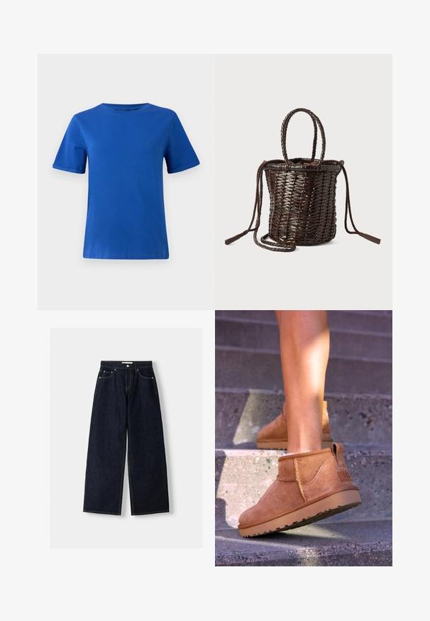 Brun mockaläderjacka med stor krage, framknäppning och två påsydda fickor. Har en texturerad yta och en skräddarsydd passform.; Blå bomull T-shirt med korta rullade ärmar, rund halsringning och en mjuk textur. Enkelt design, utan mönster eller detaljer.; Mörkblå denim med vida ben och hög midja, fem fickor, kontrastsömmar och silverfärgad metalldetaljer. Slät textur och ren finish.; Tan mockasiner med en mjuk textur, sömnadsdetaljer och en gummisula, med en öglad häl för enkel påtagning.; Rund vävd korgväska i mörkbrunt med flätade handtag, dragsko-stängning och tofsdetaljer. Tillverkad av flexibelt material.