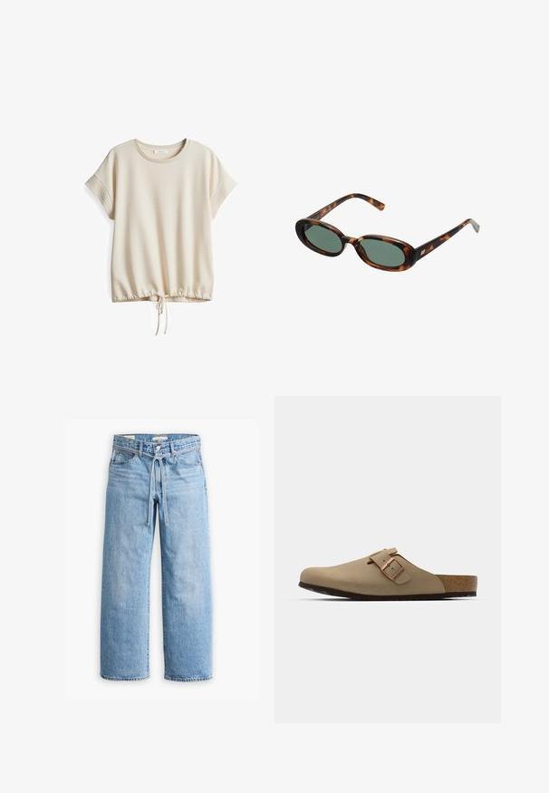 Braune Wildlederjacke mit großem Kragen, vorderem Knopfverschluss und zwei aufgesetzten Taschen. Sie hat eine strukturierte Oberfläche und eine taillierte Passform.; Helles beige Oberteil mit kurzen Ärmeln, strukturiertem Finish und gerafftem Saum. Verfügt über einen runden Ausschnitt und einen Zugband zur Anpassung.; Hellblaue Jeans im weiten Schnitt mit hoher Taille, Knopf- und Reißverschluss sowie einer Kordelzugdetails an der Taille. Roh geschnittener Saum.; Beige Clogs mit einer abgerundeten Zehenpartie, verstellbarem Schnallenakzent und Korkfußbett. Strukturierte Oberfläche mit einer schwarzen Gummisohle für besseren Halt.; Schildpatt-Sonnenbrille mit ovalen Rahmen und grünen Gläsern. Verfügt über dünne Bügel mit einem metallischen Akzent in der Nähe der Scharniere.