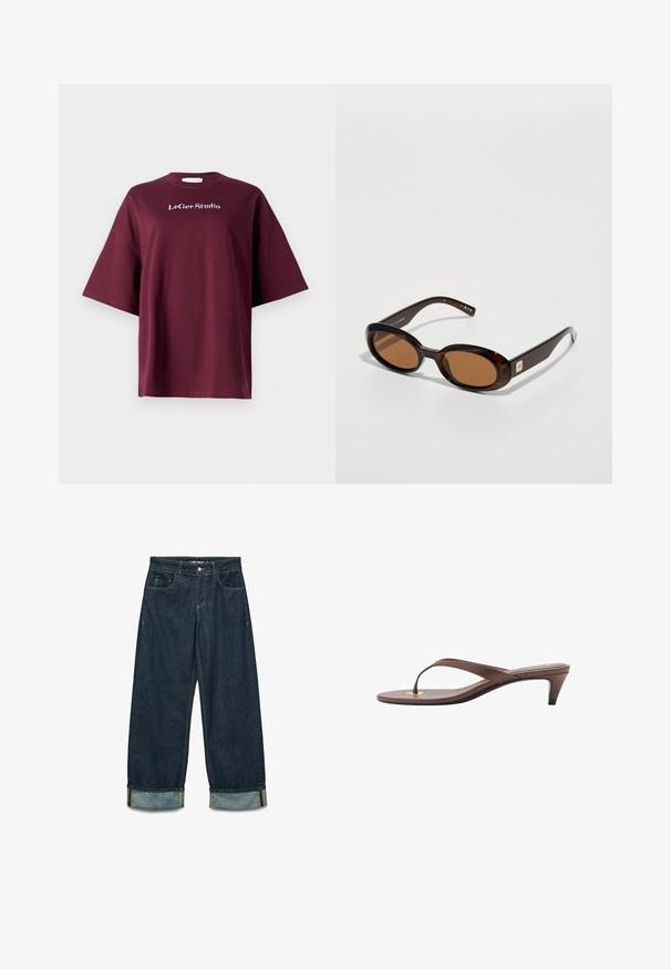 Giacca in suede marrone con un ampio colletto, chiusura frontale a bottoni e due tasche a toppa. Presenta una superficie testurizzata e una vestibilità sartoriale.; T-shirt bordeaux a maniche corte realizzato in cotone con vestibilità rilassata. Presenta il logo bianco "LeGer Studio" sul petto. Texture liscia, design semplice.; Pantaloni in denim di colore blu scuro con una vestibilità ampia, caratterizzati da orli arrotolati, cinque tasche e dettagli di cucitura a contrasto.; Infradito con tacco marroni, dotati di una fascia sottile e un puntale arrotondato, con un piccolo dettaglio dorato sulla soletta.; Occhiali da sole tartarugati marroni con lenti ovali, caratterizzati da una montatura sottile e un piccolo accento metallico sul lato. Finitura texturizzata e lucidata.; Borsa a mano in pelle verde oliva di forma arrotondata, con due manici e una parte frontale senza cuciture. Presenta una superficie liscia e dettagli di cucitura delicati.