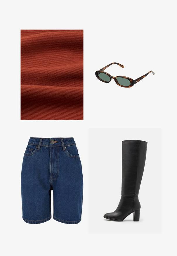 Giacca in suede marrone con un ampio colletto, chiusura frontale a bottoni e due tasche a toppa. Presenta una superficie testurizzata e una vestibilità sartoriale.; Thinking Mu HARRIET - Top - brown; Pantaloni corti in denim di colore blu scuro, vita alta, design a cinque tasche e cuciture arancioni a contrasto. Il tessuto sembra strutturato.; Stivali neri alti fino al ginocchio in pelle liscia, con tacco spesso e punta arrotondata. Design minimalista senza hardware o decorazioni visibili.; Occhiali da sole tartarugati con montatura ovale e lenti verdi. Presentano aste sottili con un accento metallico vicino alle cerniere.; Borsa a mano in pelle verde oliva di forma arrotondata, con due manici e una parte frontale senza cuciture. Presenta una superficie liscia e dettagli di cucitura delicati.