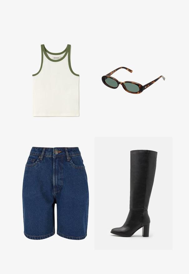 Brown suede jacket with a large collar, front button closure, and two patch pockets. Features a textured surface and tailored fit.; White ribbed tank top with green trim around the neckline and armholes. Label visible inside. Simple, slim design, suitable for layering.; Denim shorts featuring a dark blue color, a high waist, five-pocket design, and contrasting orange stitching. Fabric appears textured.; Black knee-high boots made of smooth leather, featuring a chunky heel and rounded toe. Minimalist design with no visible hardware or decorations.; Tortoiseshell sunglasses with oval frames and green lenses. Features thin arms with a metallic accent near the hinges.; Olive green leather handbag with a rounded shape, dual handles, and seamless front. Features a smooth texture and subtle stitching details.; Silver hoop earrings in two sizes; textured design with a wavy surface. Small hoops above larger ones, both featuring a hinged clasp.