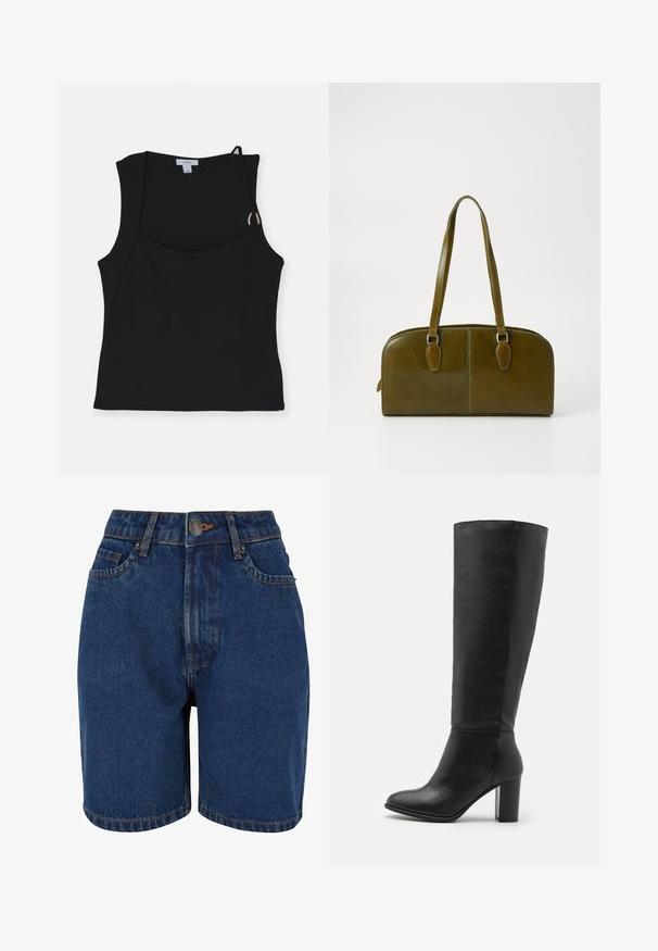 Pruunist nahast jakk suure kraega, ees nupuvärviga ja kahe lahtise taskuga. Omab tekstuuriga pinda ja kohandatud istuvust.; Must läikiv must top, millel on ruudukujuline kaelus, knootitud rihmad ja kuldne detail. Valmistatud siledast ja venivast kangast.; Tumedad denim lühikesed püksid, kõrge vöökoht, viie tasku disain ja kontrastsed oranžid õmblused. Kangas näib olevat tekstuuriga.; Mustad mustekad kõrged saapad, mis on valmistatud siledast nahast, paksu kontsaga ja ümmarguse varbaga. Minimalistlik disain, ilma nähtavate riistade või kaunistusteta.; Olive rohelise nahast käekott ümmarguse kujuga, kahe käepidemega ja sujuva esipaneeliga. Omab sileda tekstuuri ja peeneid õmblusdetailide.; Hõbedased rõngassõrmused kahel suurusel; tekstureeritud disain lainelise pinnaga. Väikesed rõngad asuvad suuremate kohal, mõlemal on hingedega klamber.