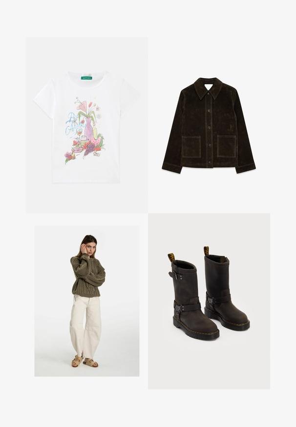 Chaqueta de ante marrón con un gran cuello, cierre frontal de botones y dos bolsillos de parche. Presenta una superficie texturizada y un corte ajustado.; Camiseta blanca de manga corta con un gráfico colorido de un jarrón con flores, frutas, un vaso de bebida y uvas en la parte frontal.; Free People GOOD LUCK MID RISE BARREL - Vaqueros boyfriend - beige; Botas de cuero marrón oscuro con un diseño a media pantorrilla, costuras amarillas, correas de hebilla ajustables y lengüetas de tirón en la parte superior. Acabado texturizado.