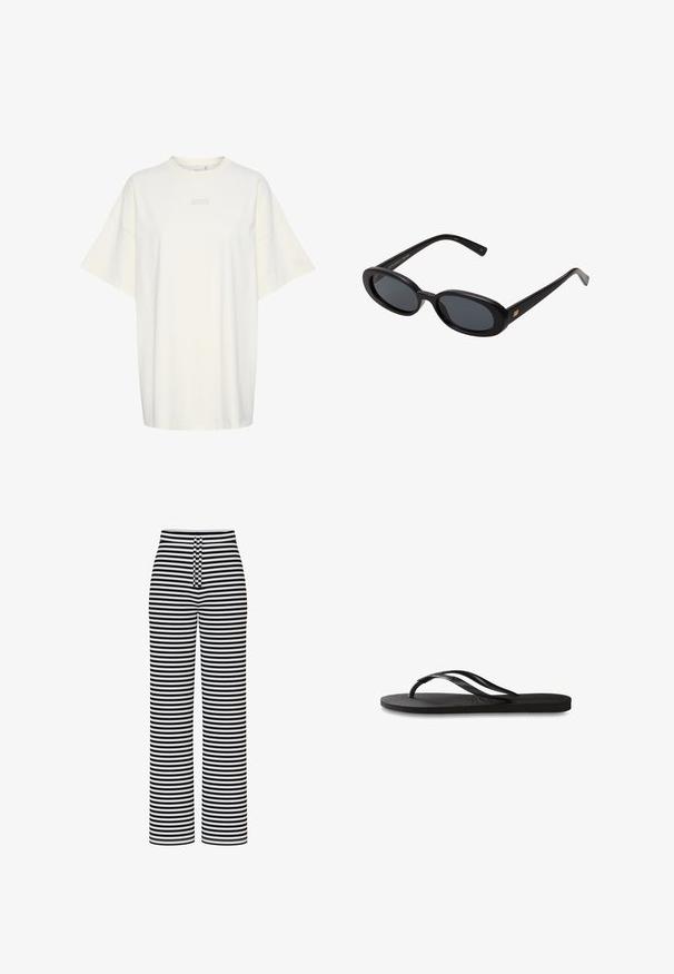 Brūns zamša žakets ar lielu apkakli, priekšējo pogu aizdari un divām kabatām. Atšķiras ar strukturētu virsmu un pielāgotu piegriezumu.; Gestuz JIO OVERSIZE TEE - Pamata T-krekls - birch; Pieces PCLAYA MW WIDE - Auduma bikses - bright white; Melni čības ar teksturētu gumijas zoli, divām plānām siksniņām un smalku, iespiedotu logotipa detaļu uz siksniņas.; Melnu pārspīlēto saulesbrilles ar ovālām lēcām, gludu plastmasas rāmja un zelta akcentiem uz tempļiem. Tumšie lēcas nodrošina saules aizsardzību.; Jūras spēku zila zamšs soma ar brīvu dizainu, platām plecu siksnām un redzamām šuvēm uz korpusa.