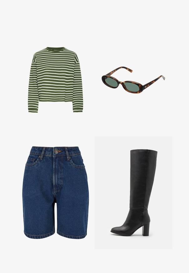 Giacca in suede marrone con un ampio colletto, chiusura frontale a bottoni e due tasche a toppa. Presenta una superficie testurizzata e una vestibilità sartoriale.; Maglietta a maniche lunghe a righe verdi e bianche con scollatura tonda e taglio dritto. Tessuto morbido e strutturato, con righe orizzontali equidistanti.; Pantaloni corti in denim di colore blu scuro, vita alta, design a cinque tasche e cuciture arancioni a contrasto. Il tessuto sembra strutturato.; Stivali neri alti fino al ginocchio in pelle liscia, con tacco spesso e punta arrotondata. Design minimalista senza hardware o decorazioni visibili.; Occhiali da sole tartarugati con montatura ovale e lenti verdi. Presentano aste sottili con un accento metallico vicino alle cerniere.; Borsa a mano in pelle verde oliva di forma arrotondata, con due manici e una parte frontale senza cuciture. Presenta una superficie liscia e dettagli di cucitura delicati.