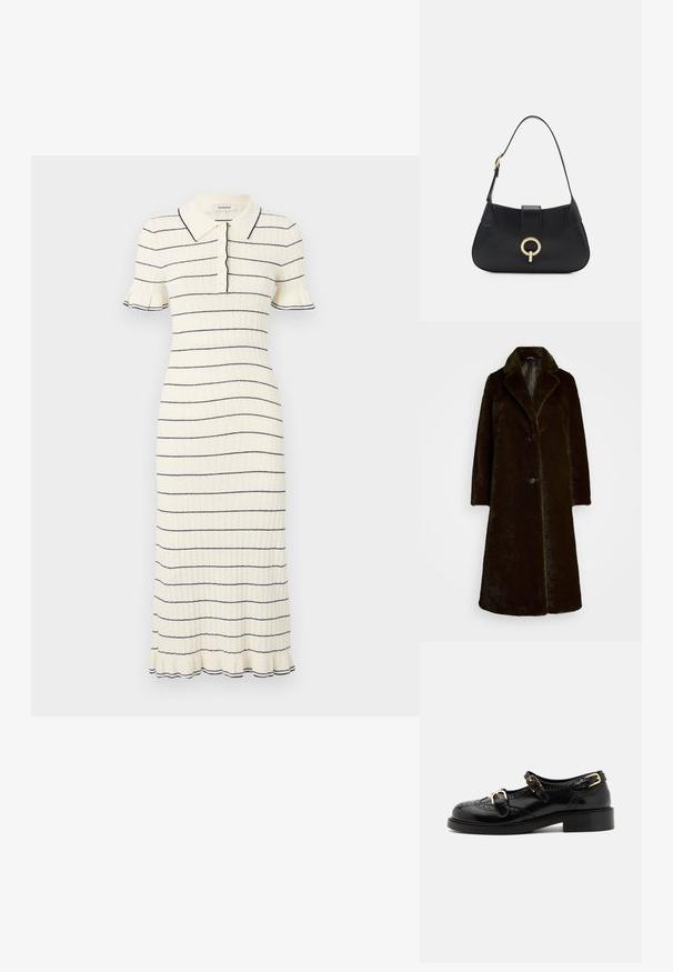 Sötétbarna műszőrme kabát, kivágott gallérral, egy gombos záródással és hosszú ujjakkal. Puha tapintású, sima béléssel.; sandro ROBE MIDI COL POLO FINITIONS FRILL - Nappali ruha - ecru; Fekete bőrcipők brogue díszítéssel, két csattal, lekerekített orral és alacsony sarokkal. Simább felület fényes kivitelben.; Fekete bőr kézitáska ívelt sziluettel, rövid pánttal, középen aranyszínű hardware-rel és sima textúrával. Nincsenek látható minták vagy kiegészítők.