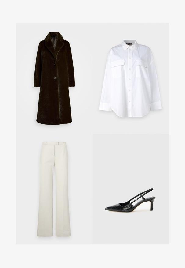 Sötétbarna műszőrme kabát, kivágott gallérral, egy gombos záródással és hosszú ujjakkal. Puha tapintású, sima béléssel.; Fehér gombos ing, pamutból készült, klasszikus gallérral, két mellzsebével és hosszú ujjaival, amelyek mandzsettával rendelkeznek. Sima textúra.; Tejfehér, széles szárú nadrág sima felülettel, övhurkokkal, lapos elülső résszel és zsebek nélkül. Testre szabott fazon, tiszta, minimalista dizájnnal.; Fekete lakk slingback sarok, hegyes orral, texturált kígyómintával, állítható pánttal és rövid, texturált tömbsarkal.