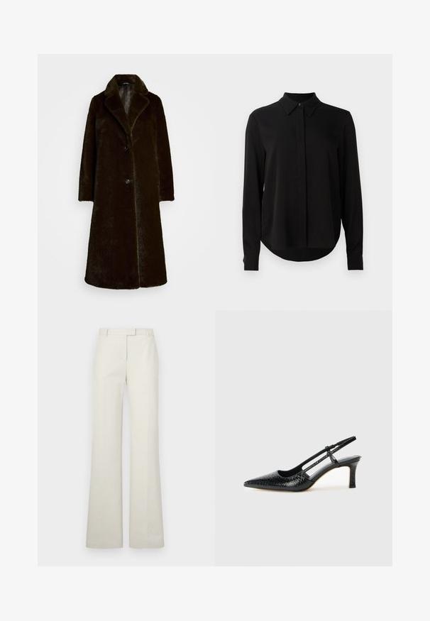 Hnedý kabát z umelého kožucha s vykrojeným golierom, jedným gombíkom na zapínanie a dlhými rukávmi. Mäkkučký povrch s hladkou podšívkou.; Čierna blúzka s dlhým rukávom, špicatým golierom, skrytou gombíkovou légou a zakriveným lemom na jasne bielom pozadí.; Krémové nohavice s širokými nohavicami, hladkým povrchom, pútkami na opasok, plochým predným dielom a bez vreciek. Prispôsobený strih s čistým, minimalistickým dizajnom.; Čierne patentové slingback topánky na ihlovom podpätku s špicatou špičkou, s textúrovaným hadím vzorom, nastaviteľným popruhom a krátkym, textúrovaným blokovým podpätkom.