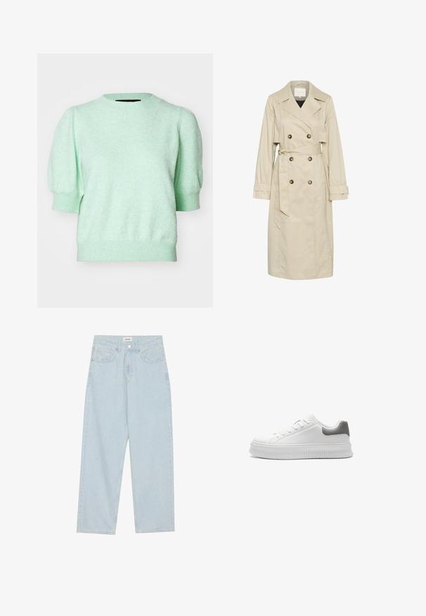 Palton bej dintr-un material ușor, cu un design dublu-bottonat, butoane mari și un curea de talie legată. Mâneci lungi și guler clasic.; Pulover tricotat de culoare verde mentă, cu mâneci scurte, guler rotund, țesătură texturată și manșete și tiv ajustate.; Jeans largi de culoare albastră deschisă, din denim, cu talie medie, cinci buzunare și închidere cu buton având un accent metalic subțire.; Sneaker alb cu partea superioară din sintetic neted, accent la călcâi gri texturat, vârf rotund și talpă groasă cu caneluri. Design cu șireturi și branding minim.