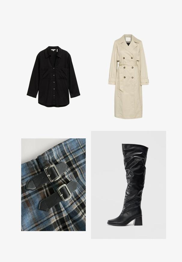 Beige trench coat made of lightweight fabric, featuring a double-breasted design, large buttons, and a tied waist belt. Long sleeves and classic collar.; Black long-sleeve shirt in lightweight fabric, featuring a button-up front, two chest pockets, and a classic collar.; Plaid textile with blue, brown, and black colors, featuring two black faux leather straps with silver buckles at the waist. Zipper visible.; Black knee-high boots made of shiny leather with a slouchy design, pointed toe, and a chunky block heel. Smooth texture with subtle shine.
