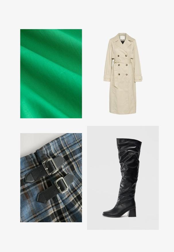 Väri beige trenchcoat, joka on valmistettu kevyestä kankaasta. Takissa on kaksirivinen malli, kookkaat napit ja sidottava vyö. Pitkät hihat ja klassinen kaulus.; Kirkas vihreä kangas, jossa on sileä rakenne, pehmeät laskokset ja hienovarainen kiilto, joka esittelee yhtenäistä väriä ilman kuvioita tai korostuksia.; Ruudullinen tekstiili, jossa on sinisiä, ruskeita ja mustia värejä, ja vyötäröllä kaksi mustaa keinonahkavyötä, joissa on hopeiset soljet. Vetoketju näkyvissä.; Musta polvipituiset saappaat kiiltävää nahkaa, joissa on löysä muotoilu, teräväkärkiset ja näyttävän paksut korot. Sujuva pinta, jossa on hienovarainen kiilto.